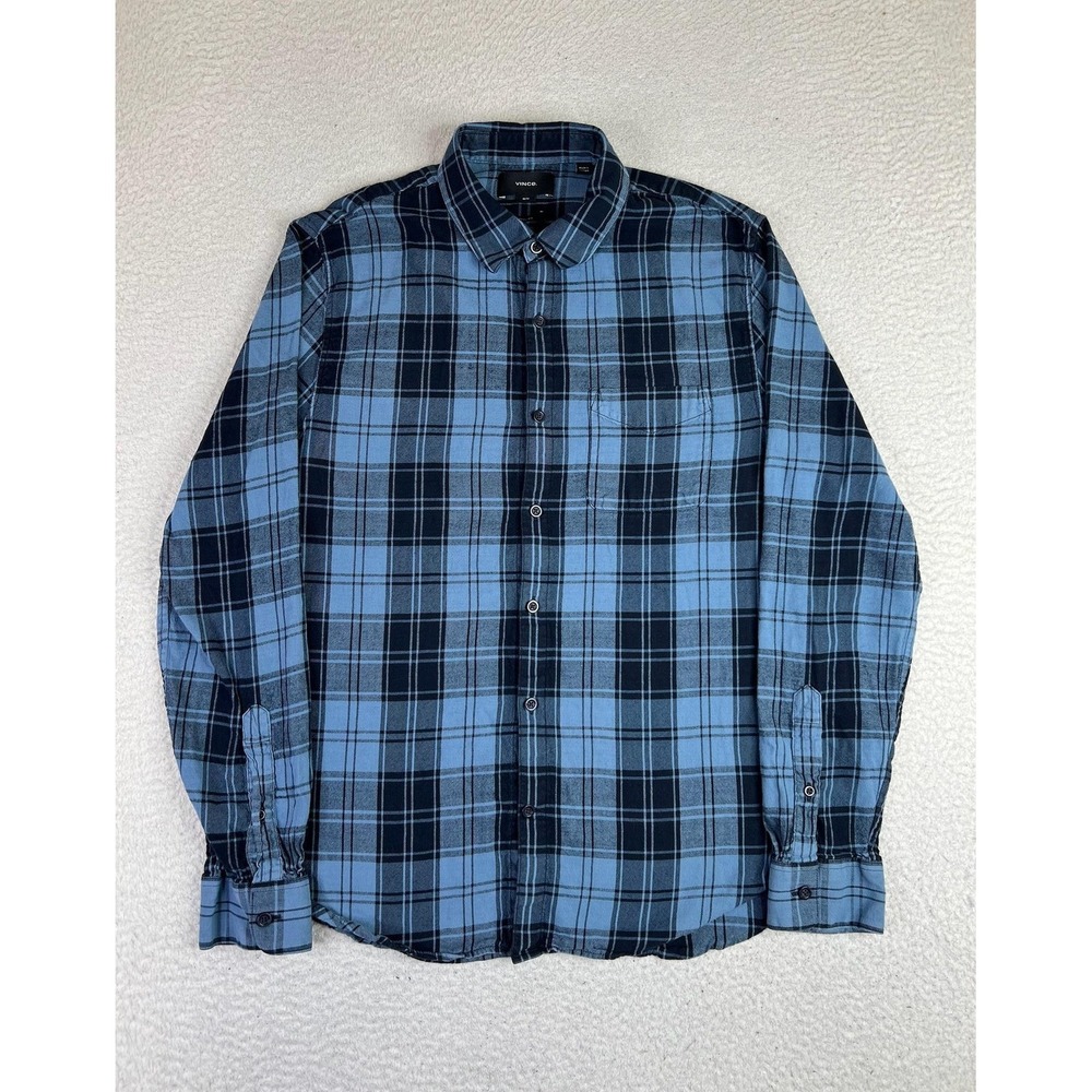Vince‎ Mens Blue Plaid Classic Fit Long Sleeve Button Up Casual Shirt Medium